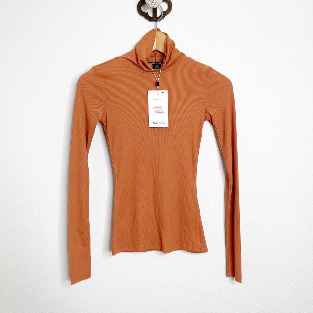 Monkl Womens‎ Ribbed Turtleneck Long Sleeve Top Burnt Orange Rust XXS New